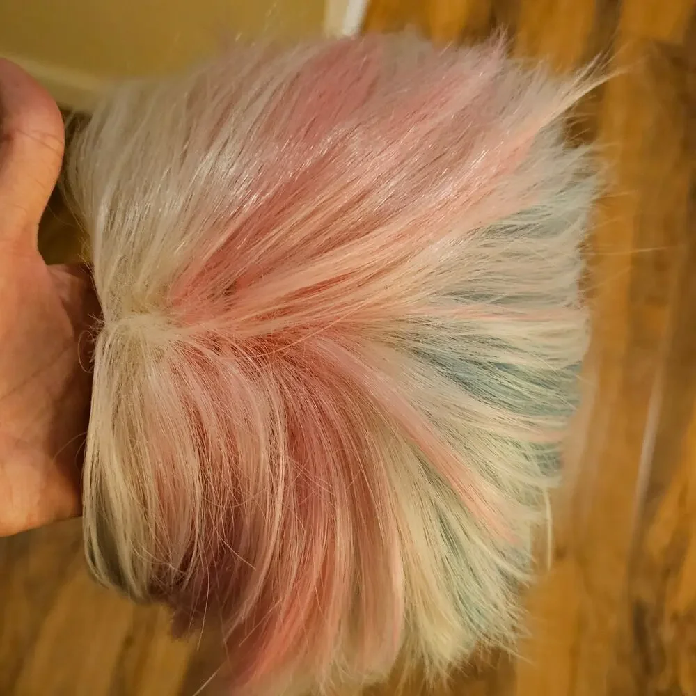 Short Light Blonde blue light purple pink highlights Funky Artsy Wig. Adjustable